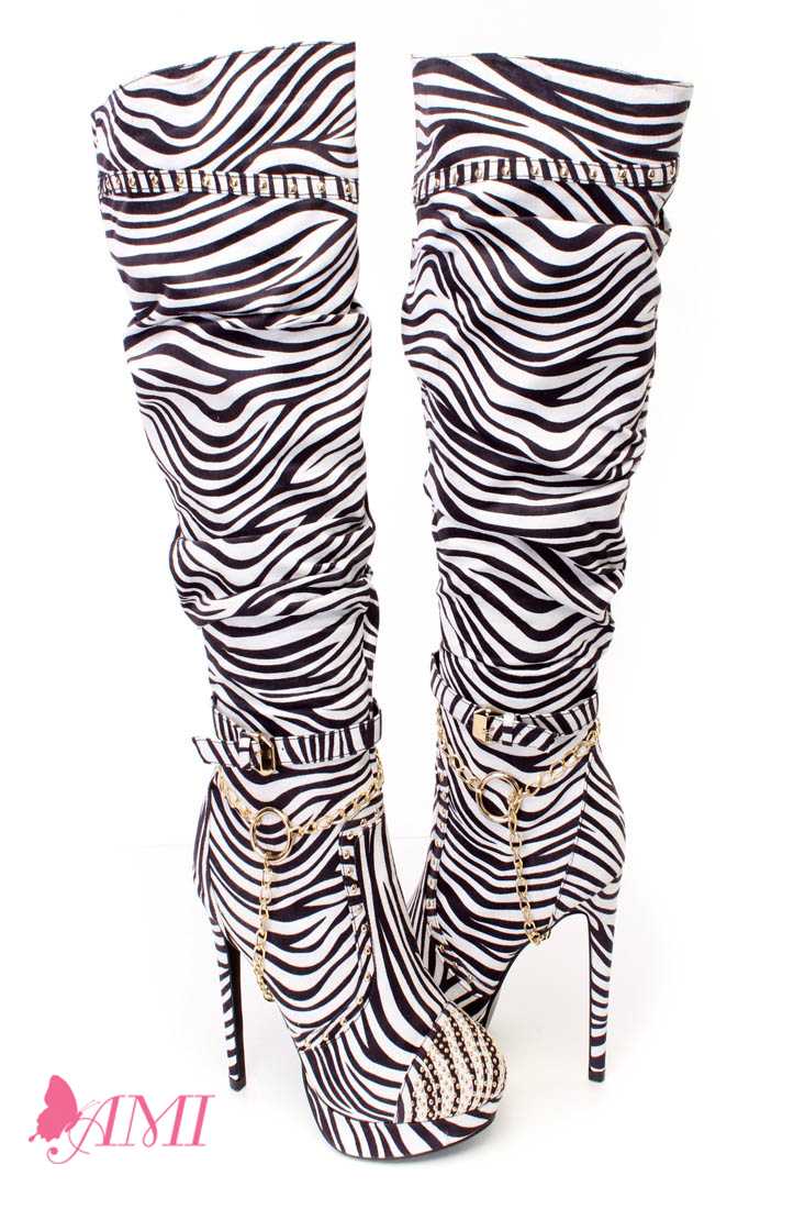 Zebra Slouchy Studded Knee High Heel Boots Faux Suede