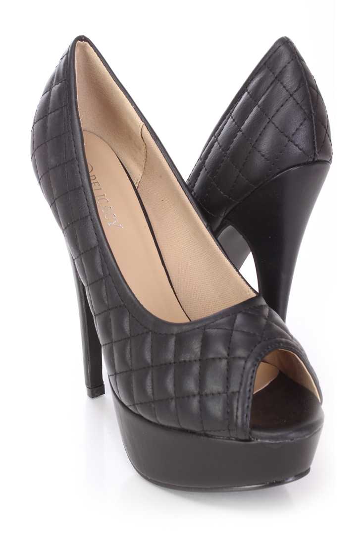 Black Quilted Peep Toe Pump Heels Faux Leather