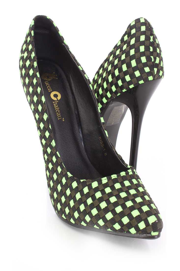 Green Checker Pattern Single Sole Pump Heels Fabric