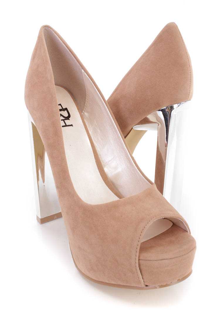 Camel Peep Toe Mirrored Heels Faux Suede