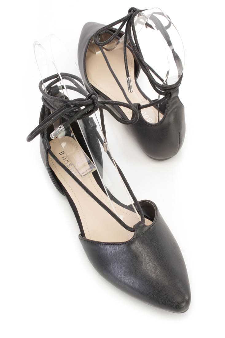 Black Wrap Around String Tie Flats Faux Leather
