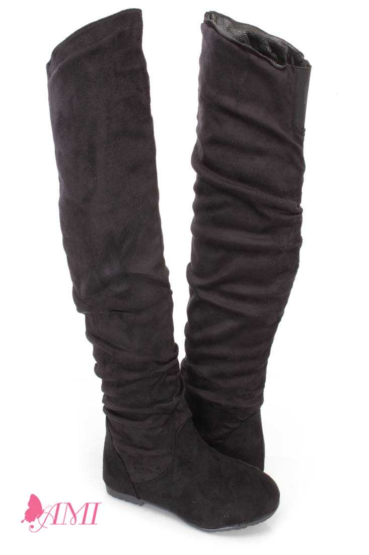 Black Slouchy Shaft Thigh High Boots Faux Suede