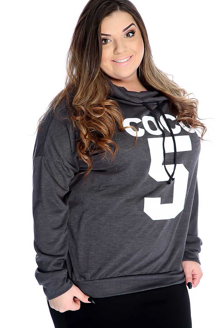 Charcoal Graphic Design Cowl Neck Plus Size Sweater