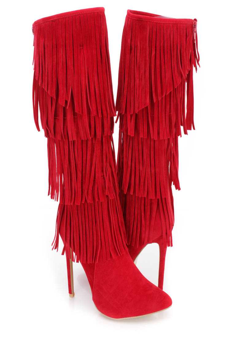 Red Fringe Tiered Heel Boots Faux Suede