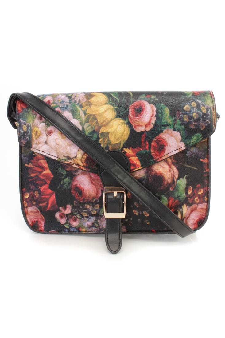 Black Floral Print Faux Leather Mini Shoulder Handbag