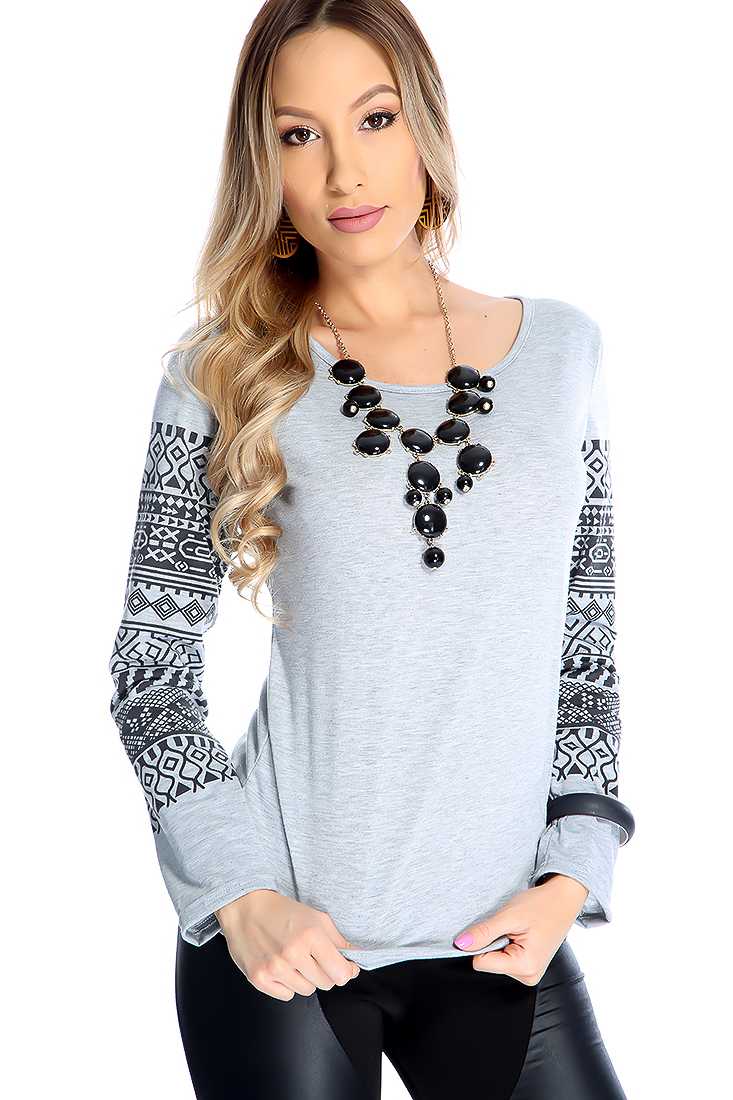 Grey Tribal Print Long Sleeve Casual Top