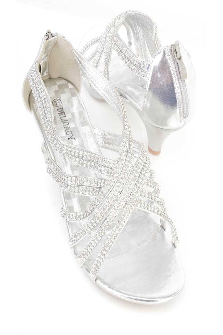 Silver Rhinestone Strappy Kitten Heels Faux Leather