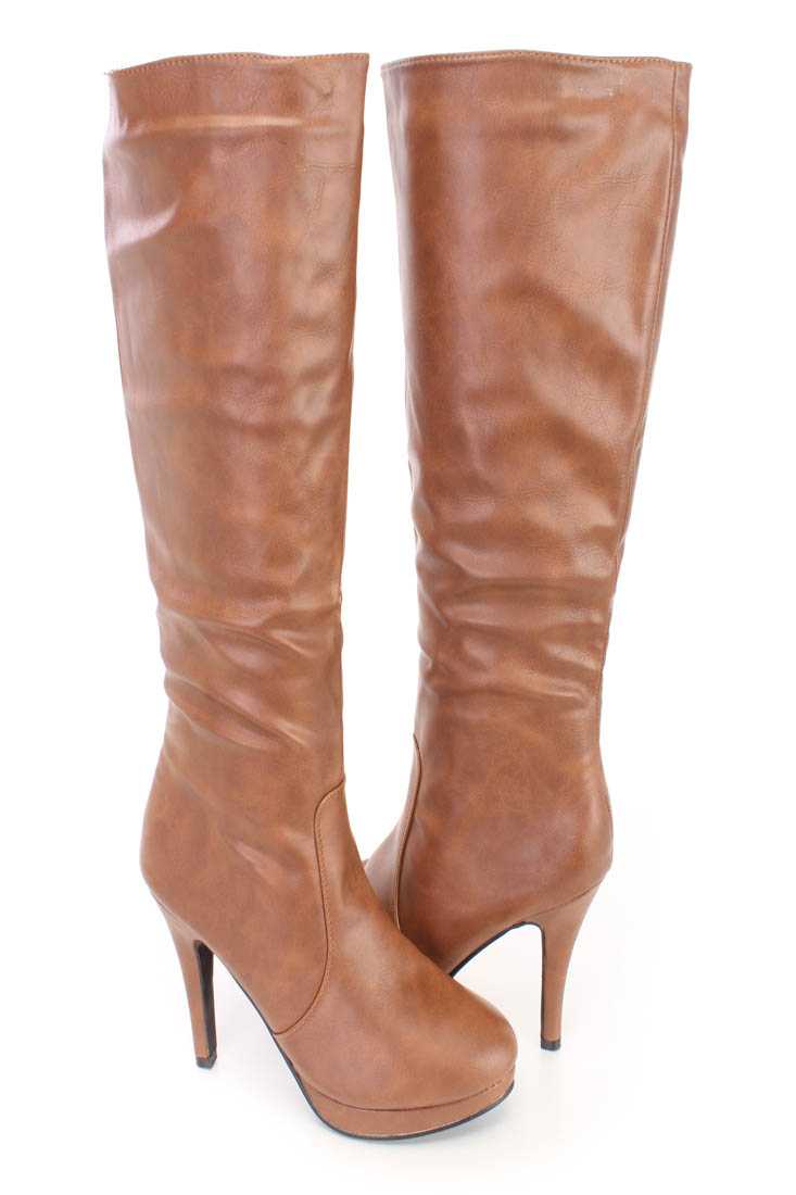 Tan Platform High Heel Boots Faux Leather