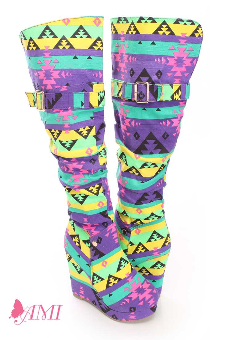 Tribal Purple Slouchy Wedge Boots Canvas