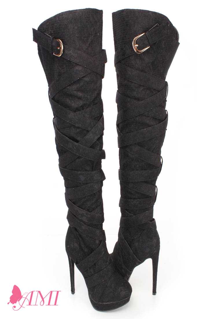 Black Wrap Around Strappy Thigh High Heel Boots Mesh