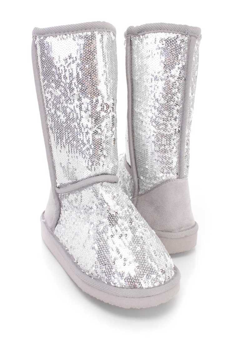 Silver Slip On Casual Flat Boots Sequin