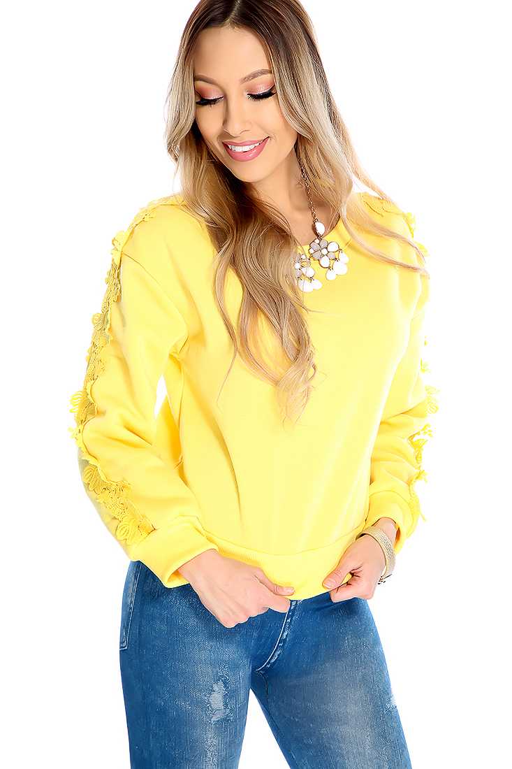 Yellow Long Sleeve Floral Crochet Trim Sweater