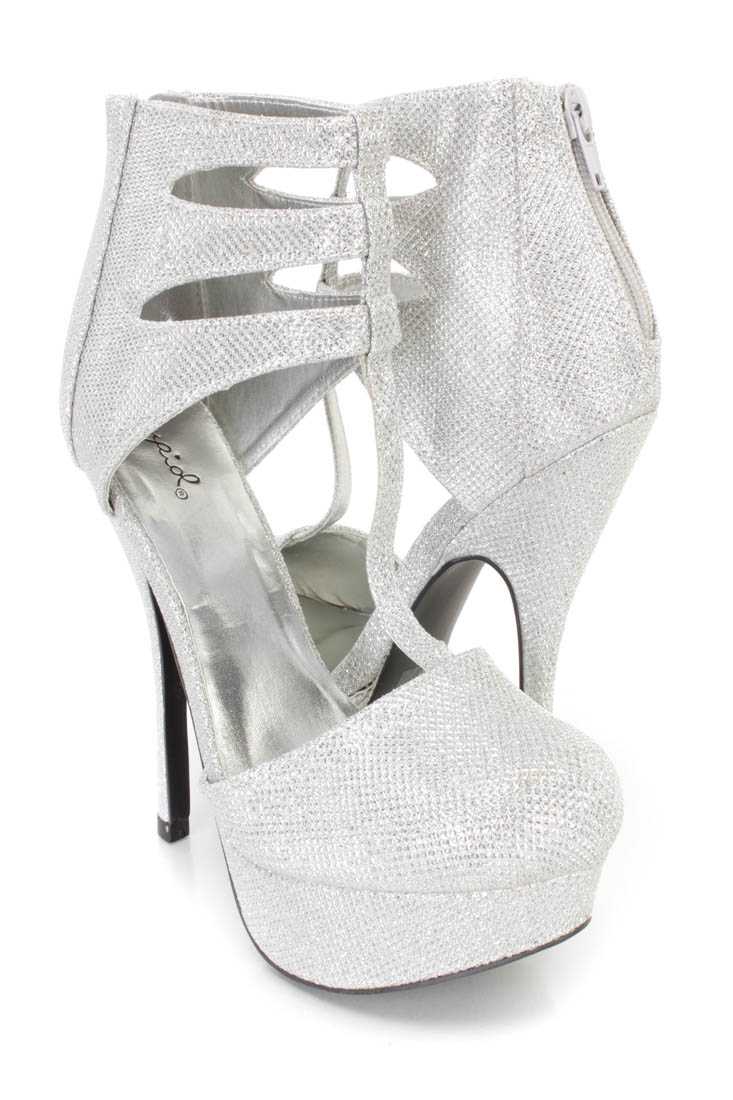 Silver T Strap Platform High Heels Glitter