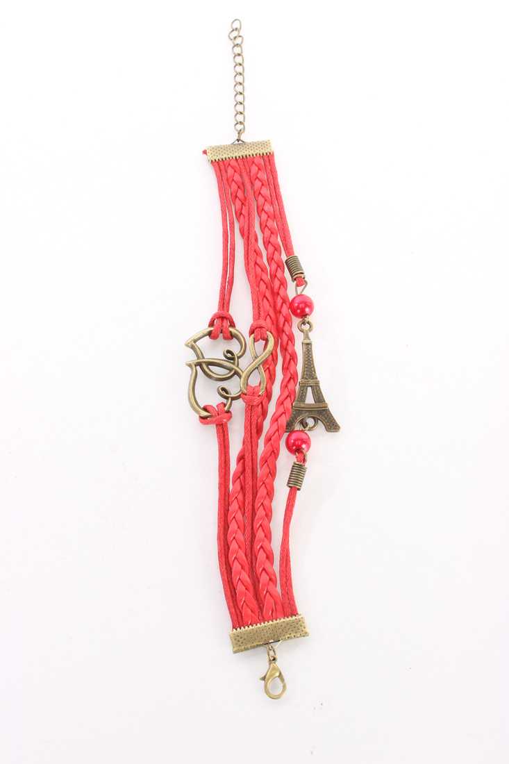 Red Faux Leather Braided Design Eiffel Tower Accent Bracelet