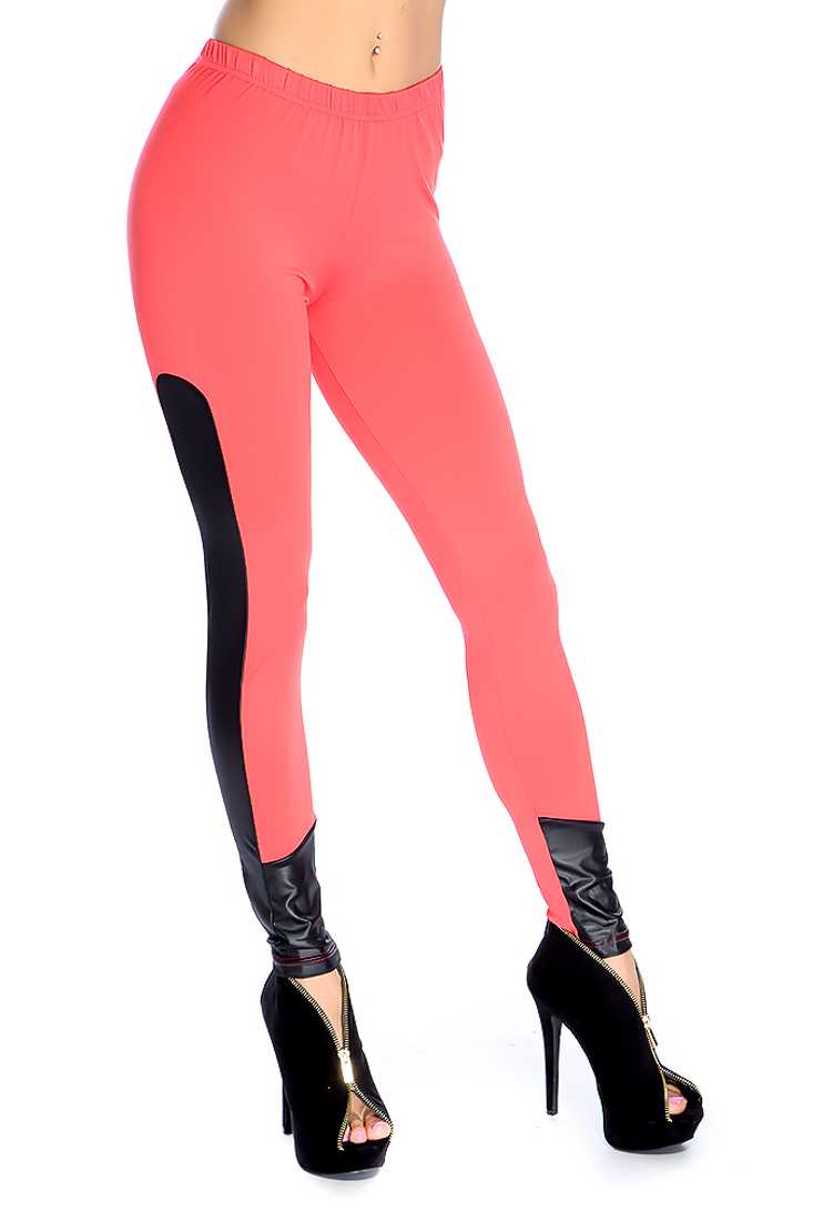 Coral Black Faux Leather Trim Leggings