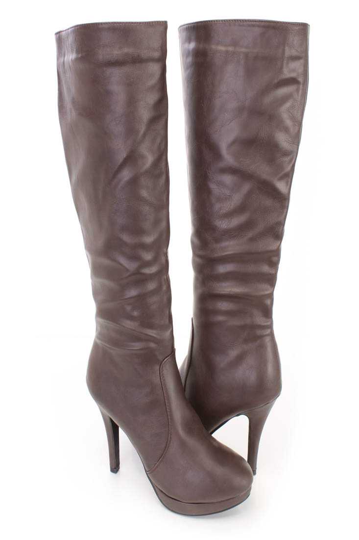 Brown Platform High Heel Boots Faux Leather