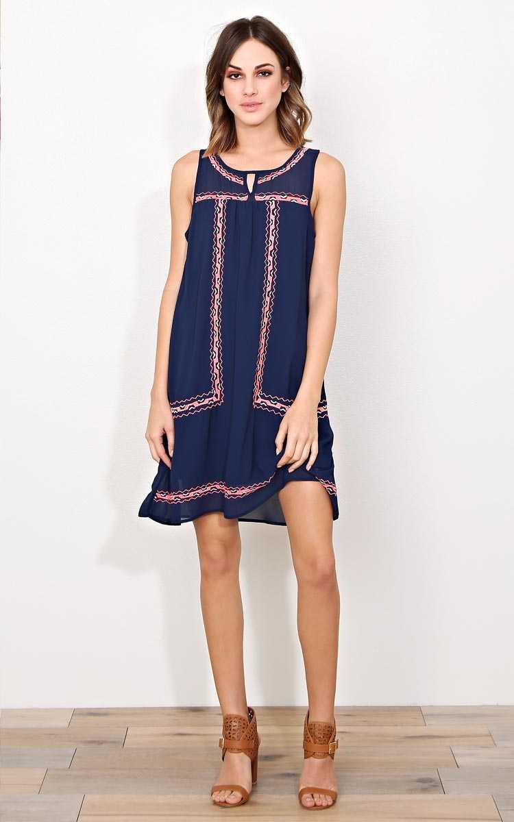 Antigua Embroidered Shift Dress - - Navy Combo in Size by Styles For Less