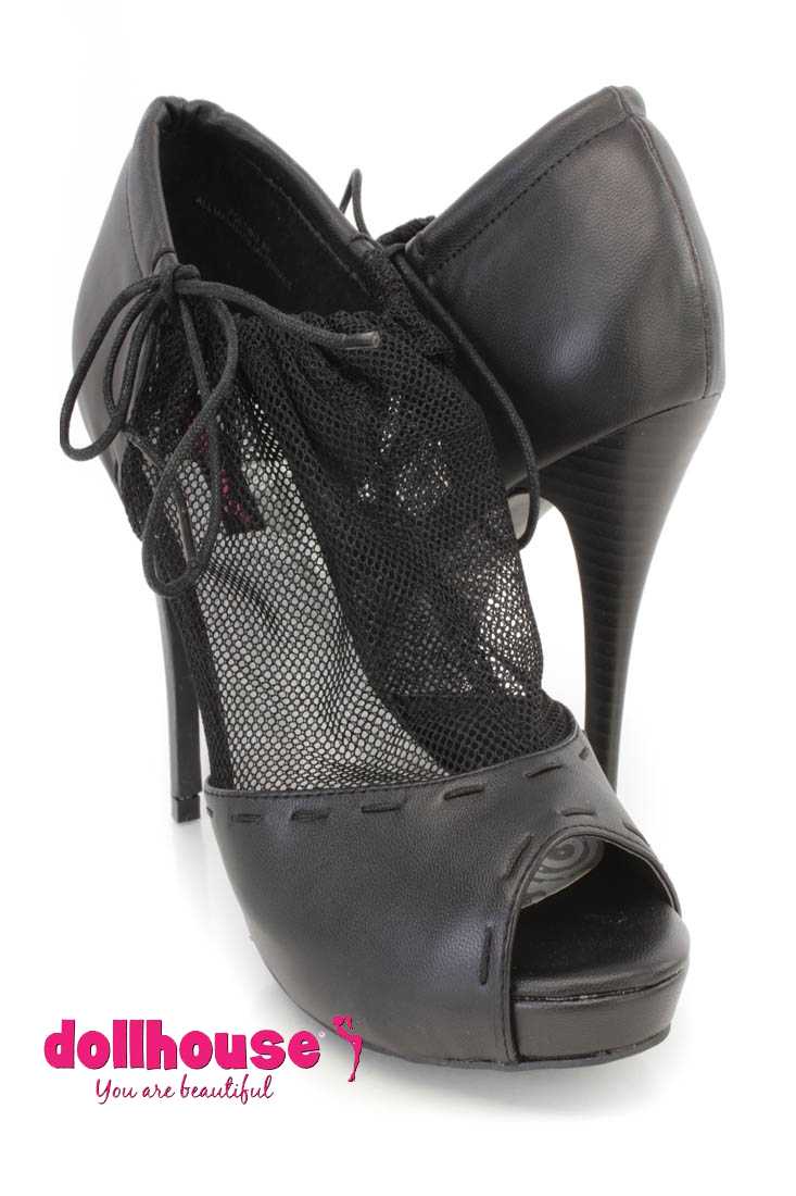 Black Mesh Drawstring Peep Toe Booties Faux Leather