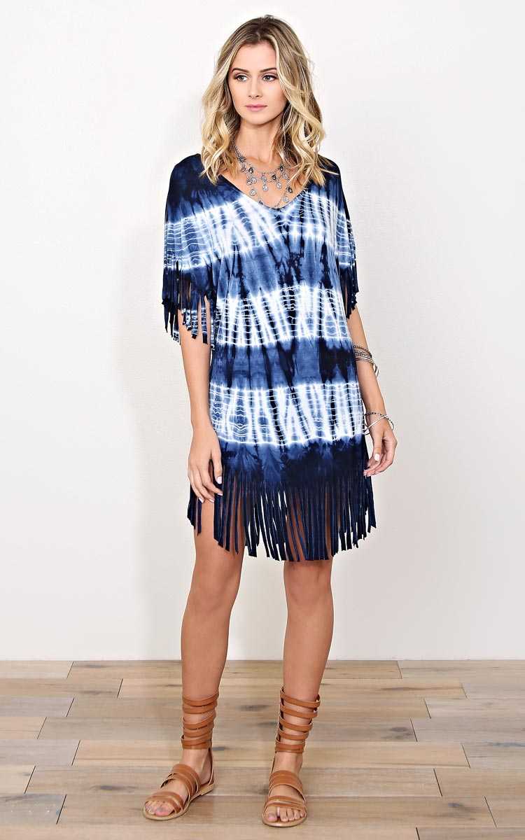 Navy Tie Dye Fringe Knit Tunic - - Navy Combo in Size by Styles For Less