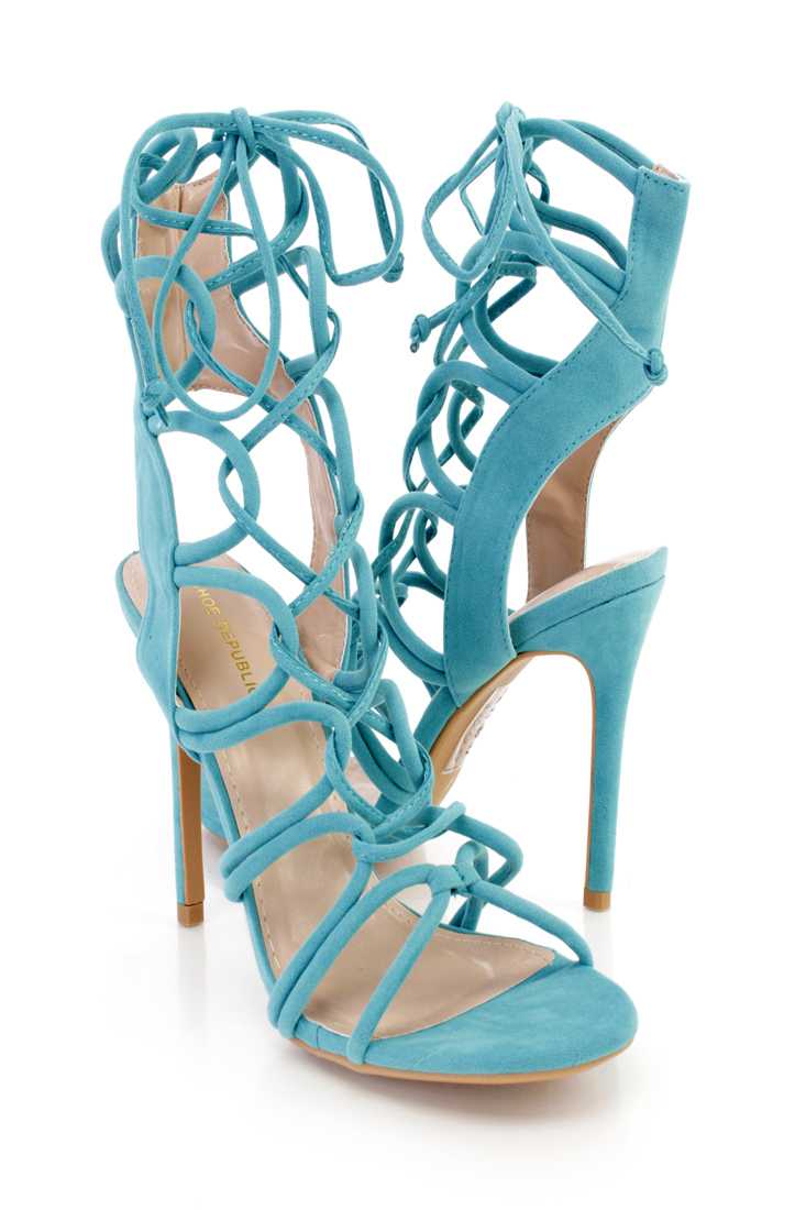 Aqua Lace Up Loop Strappy Single Sole High Heels Faux Suede