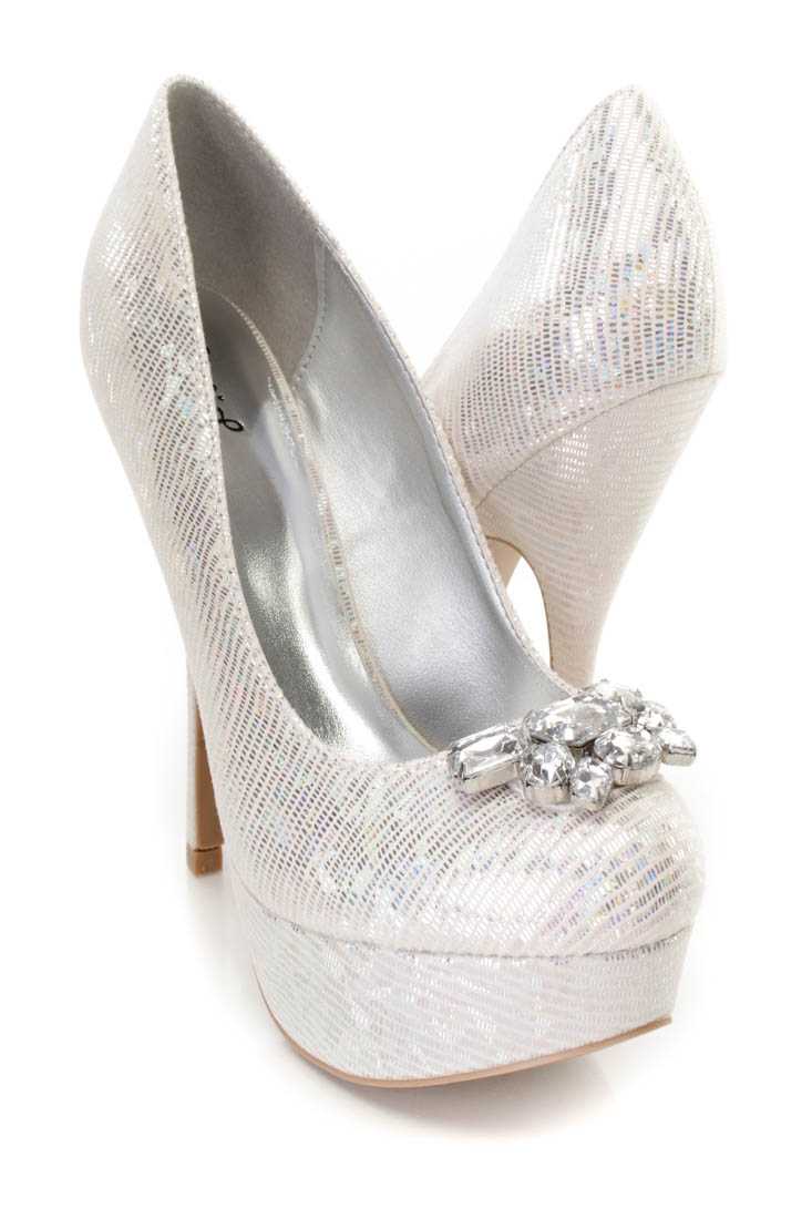 Nude Gemstone Decor Platform Heels Metallic Fabric