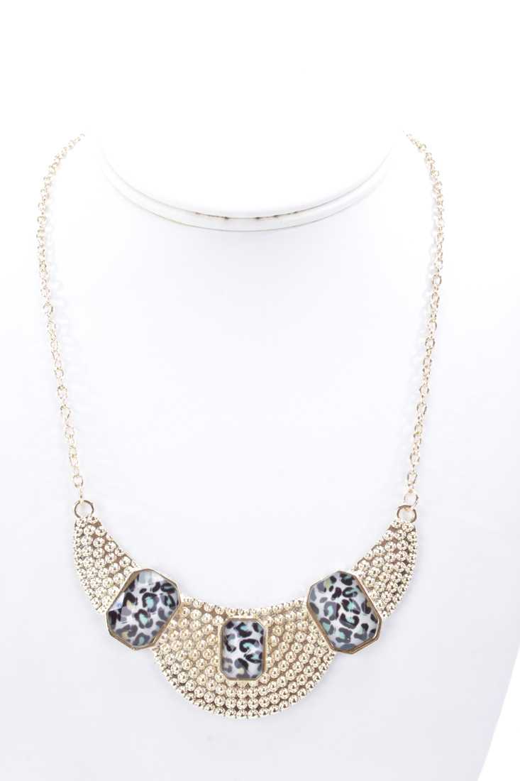 White Animal Print Gemstones Textured Necklace