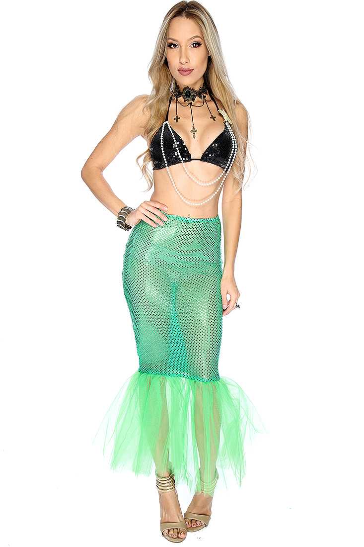 Black Green Sequin Faux Pearl 2.Piece Mermaid Costume