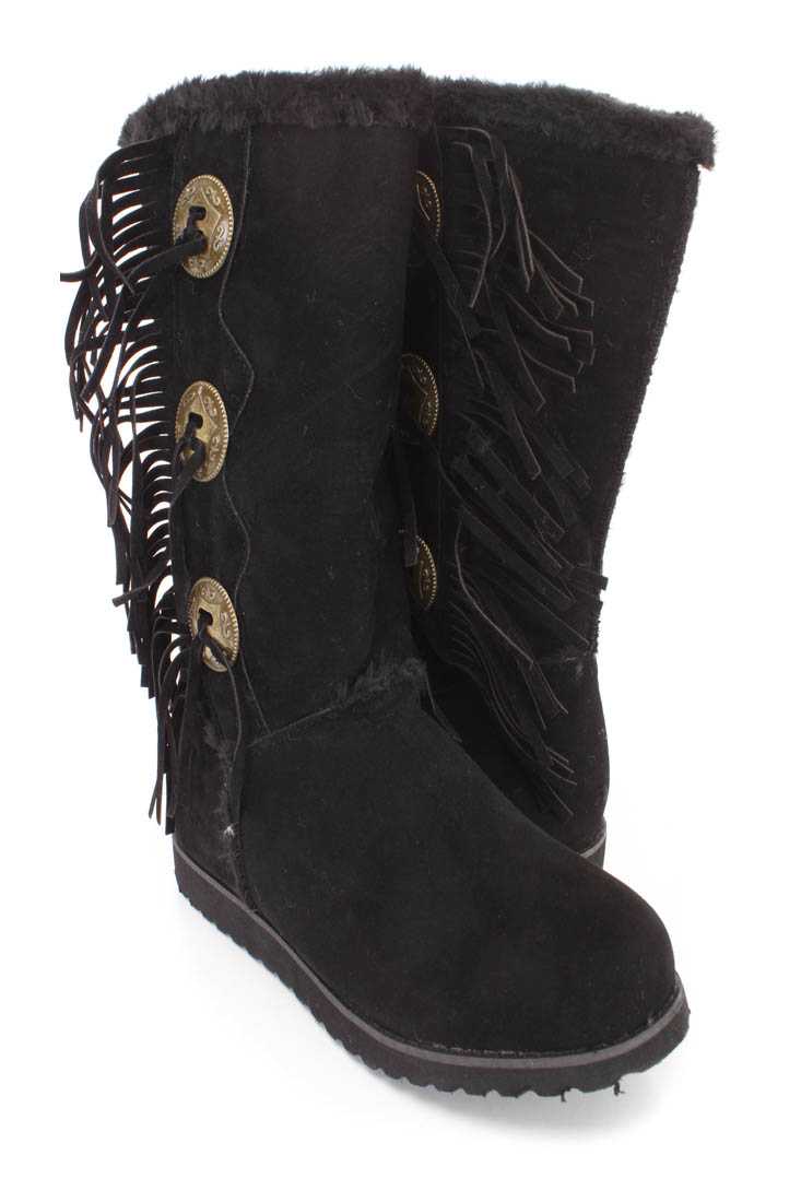 Black Button Detail Faux Fur Trimmed Boots Faux Suede