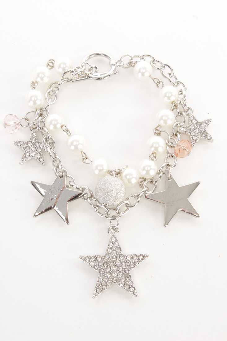 Silver Layered Star Charm High Polish Metal Bracelet