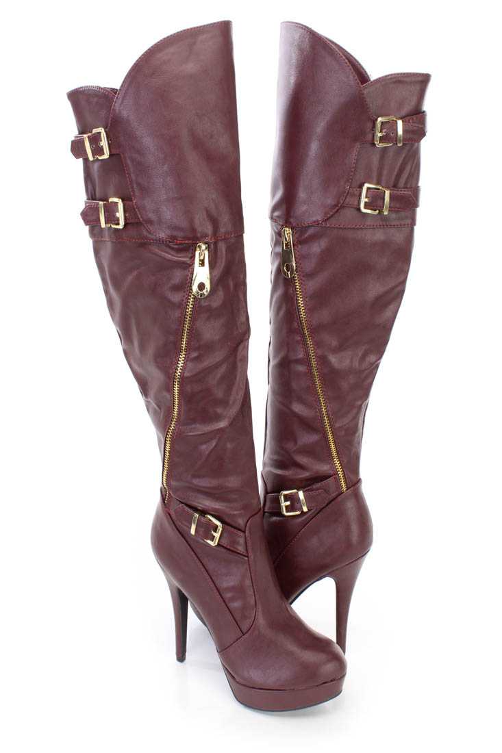 Oxblood Buckle Accent High Heel Winter Boots Faux Leather