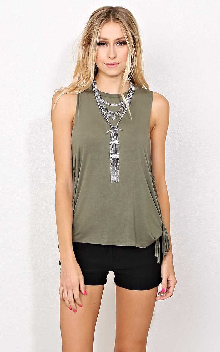 Right Round Knit Fringe Tank - - Olive/Drab in Size by Styles For Less