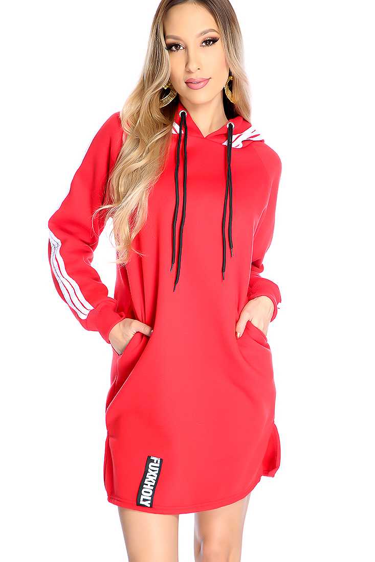 Red Stripe Pattern Casual Tunic Hoodie Sweater Dress