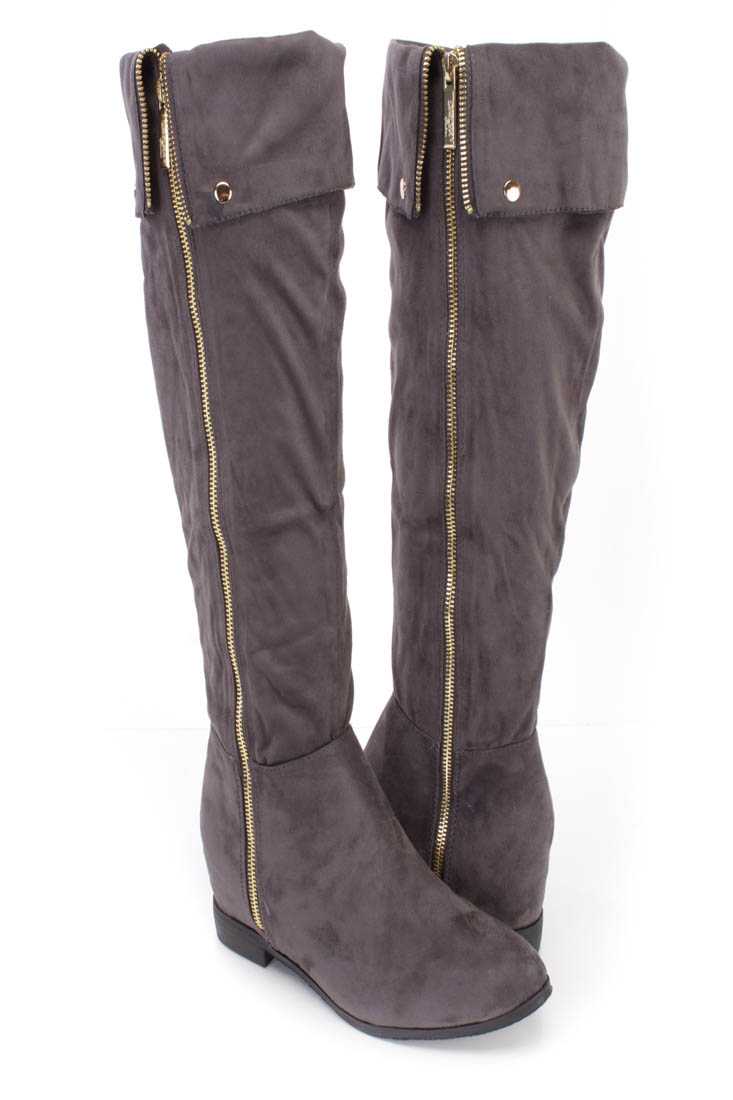 Grey Knee High Cuffed Boots Faux Suede