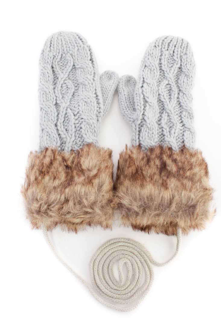 Grey Cable Knit Faux Fur Attached Mittens