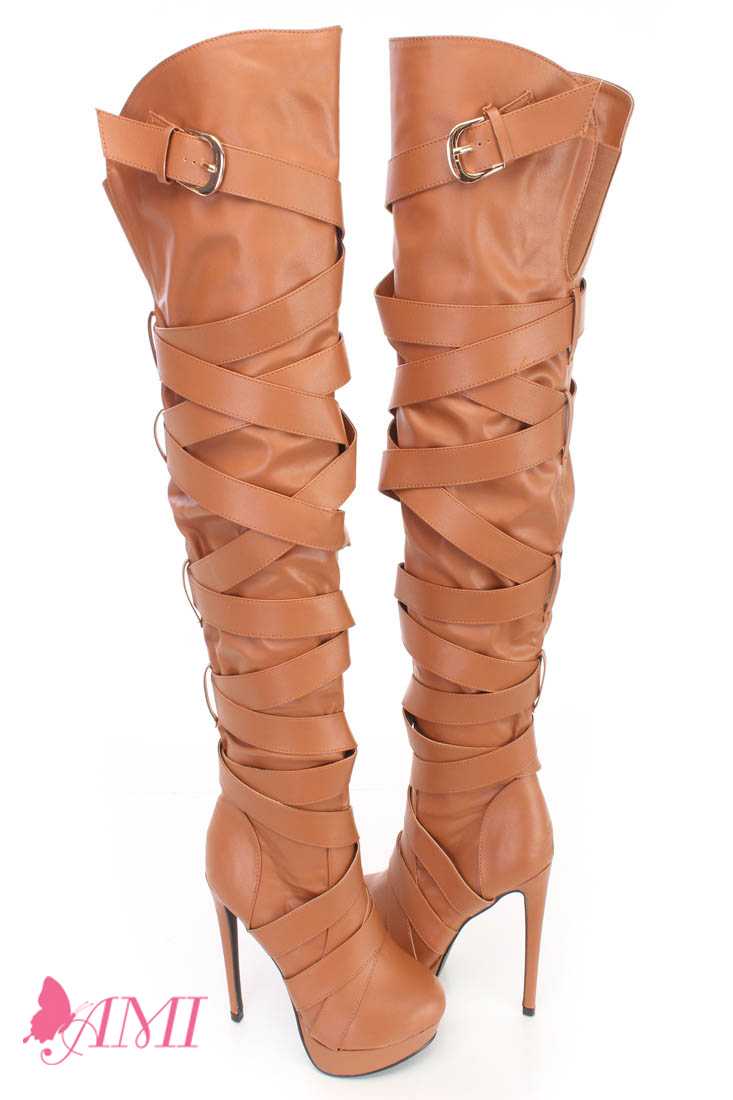 Cognac Wrap Around Strappy Thigh High Heel Boots Faux Leather