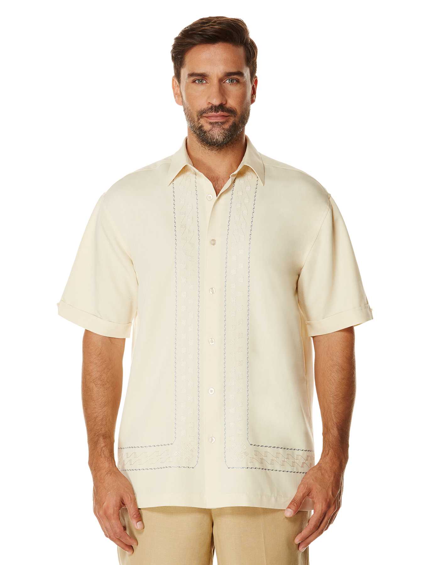 Cubavera Short Sleeve Grid L Shape Embroidered Shirt