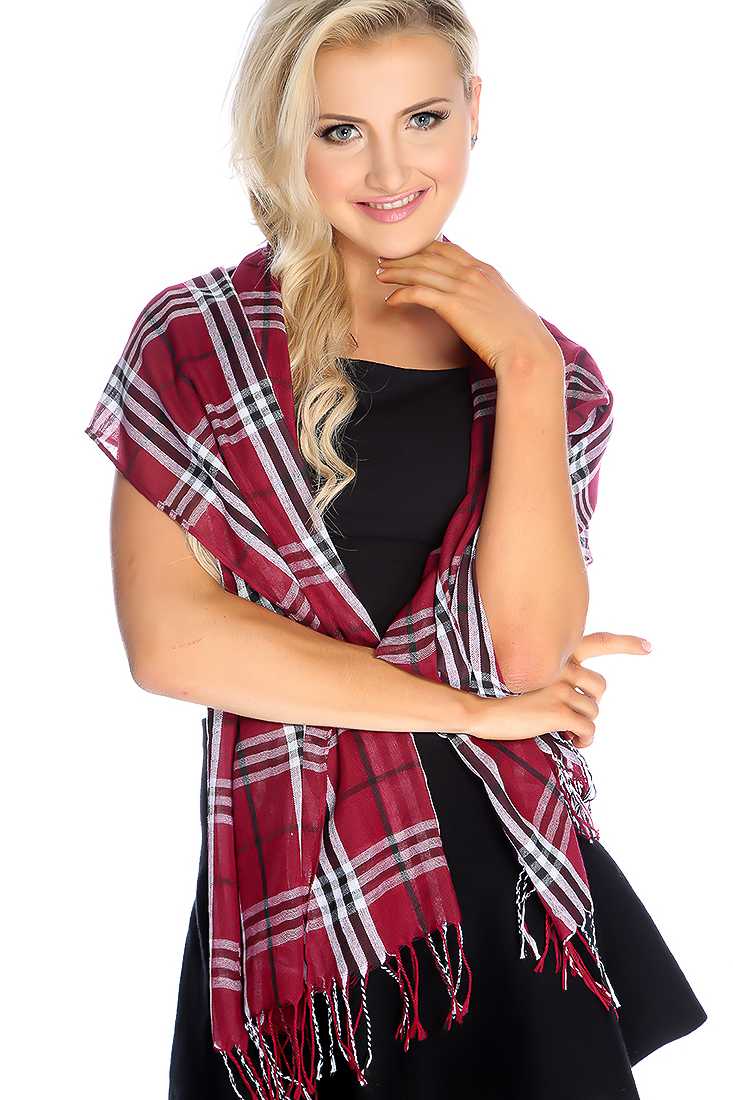 Wine Plaid Fringe Accent Lightweight Fabric Scarf