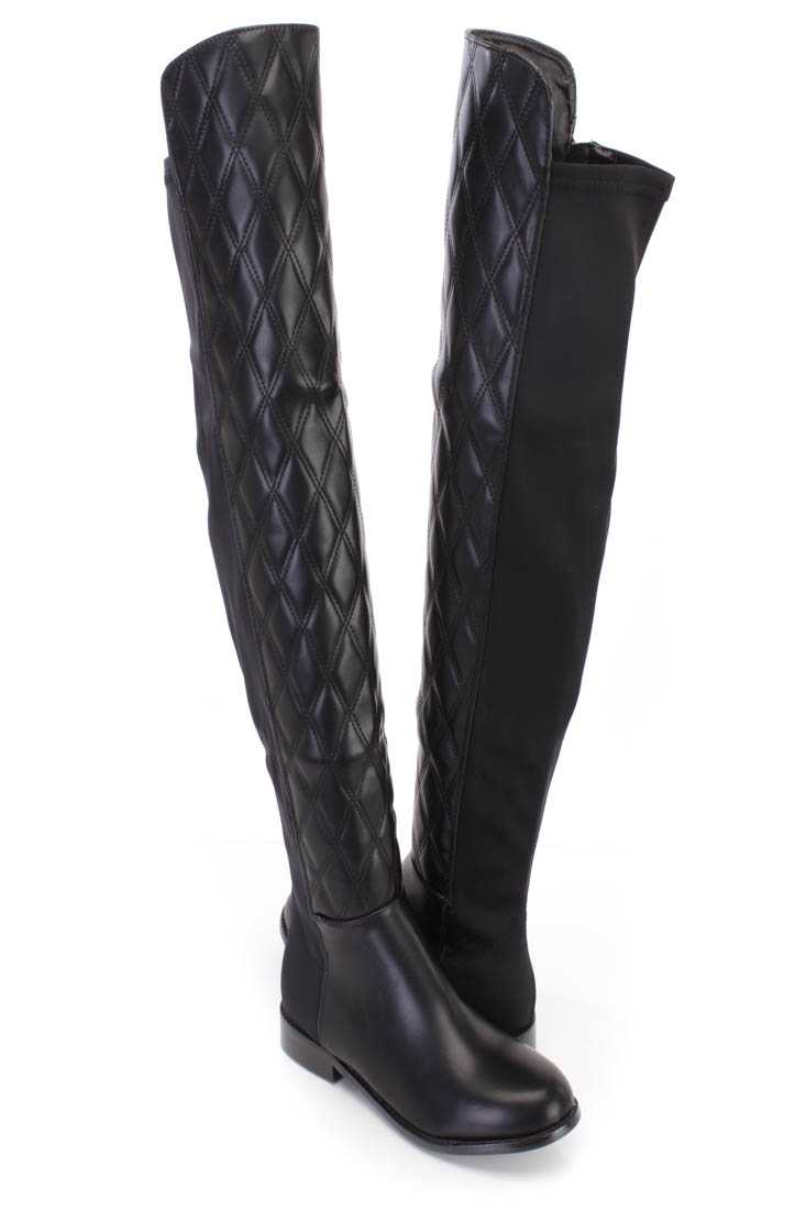 Black Quilted Thigh High Riding Boots Faux Leather
