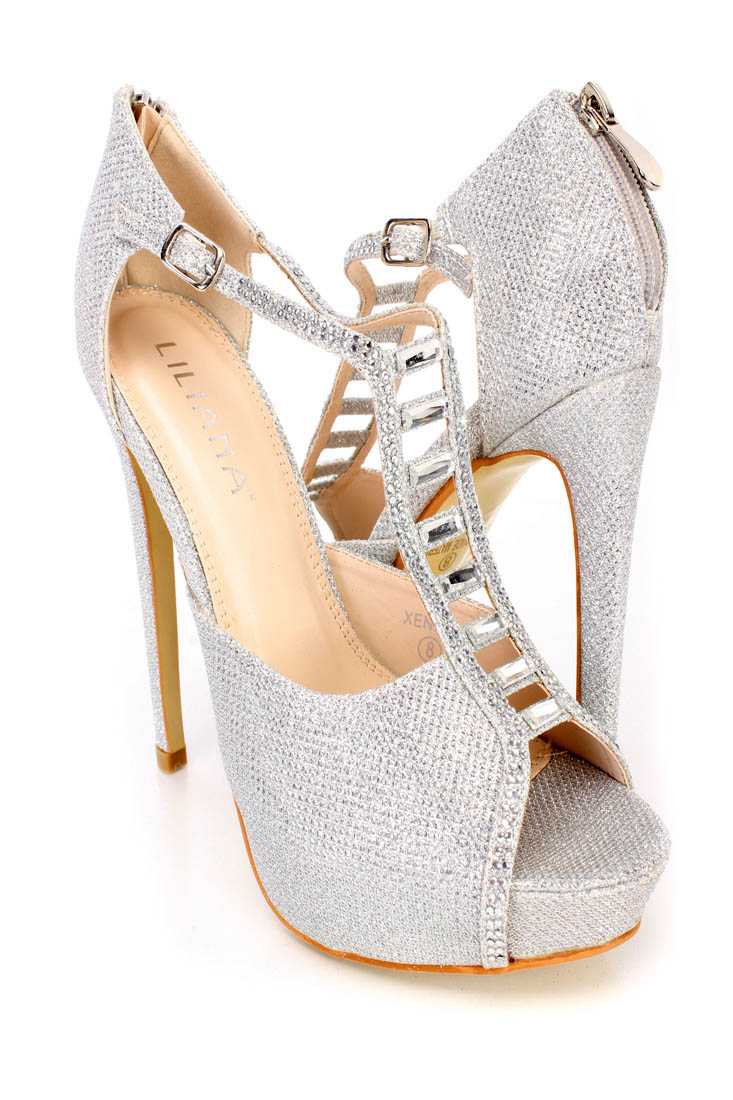 Silver T Strap Platform Rhinestone Decor High Heels