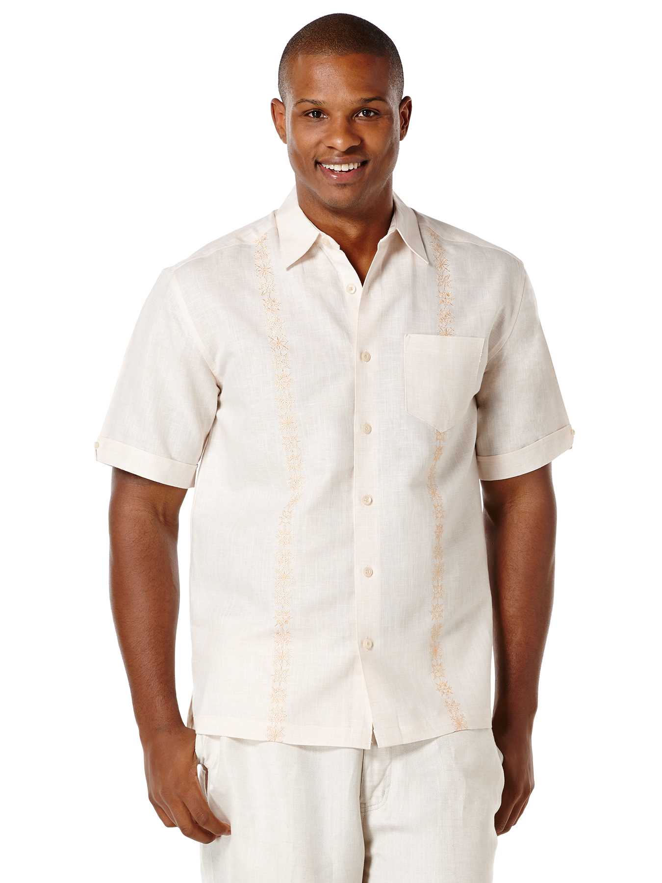 Cubavera Linen Short Sleeve Tonal Ornate Embroidered Shirt