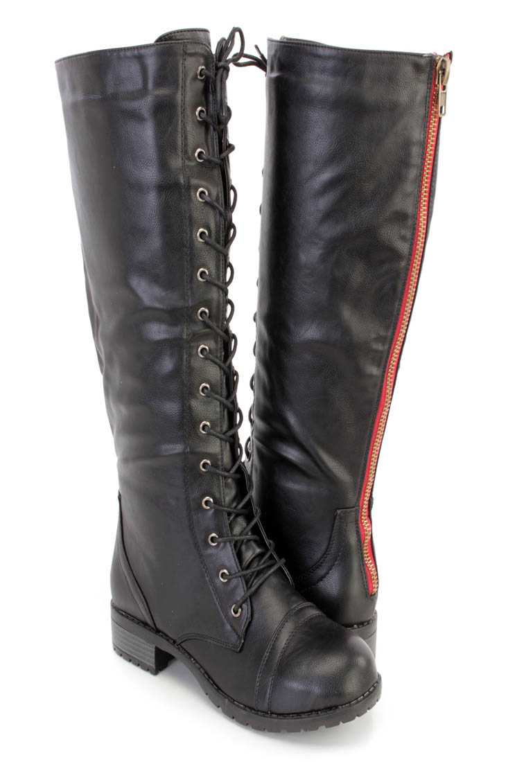 Black Lace Up Mid Calf Combat Boots Faux Leather