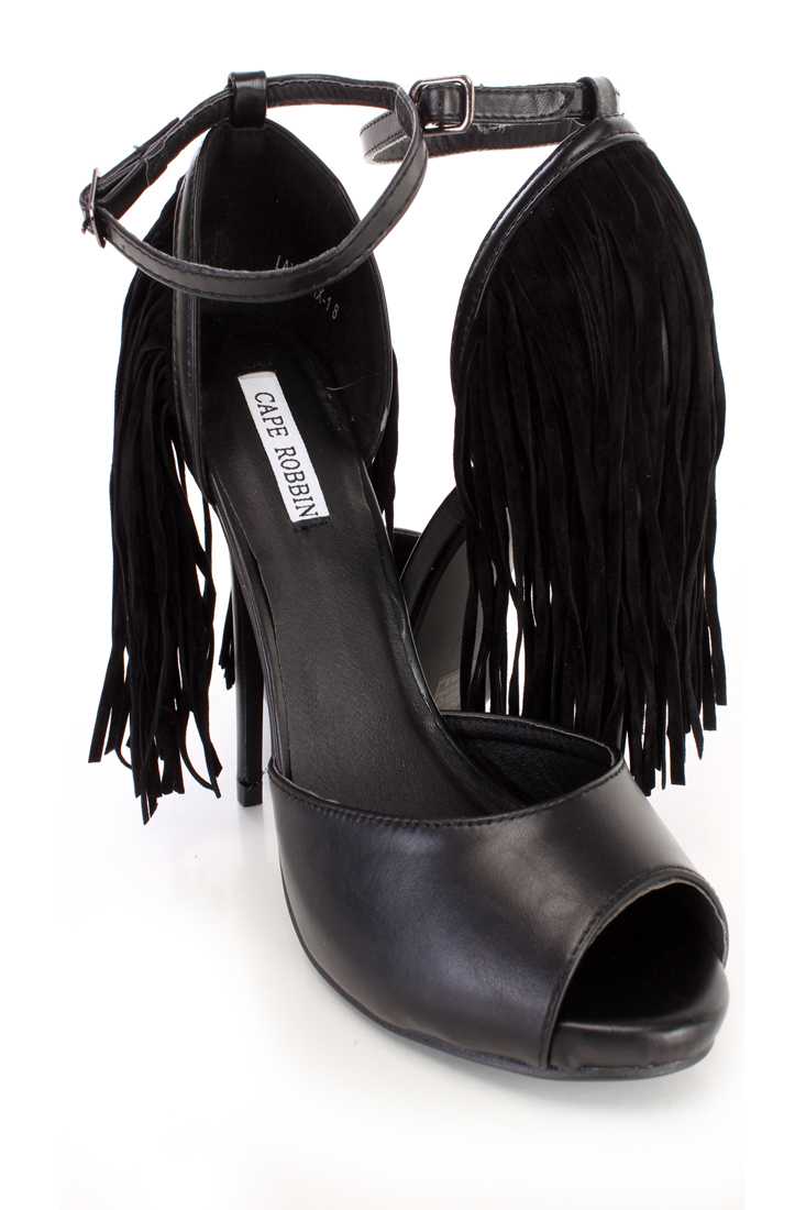 Black Fringe Single Sole High Heels Faux Leather