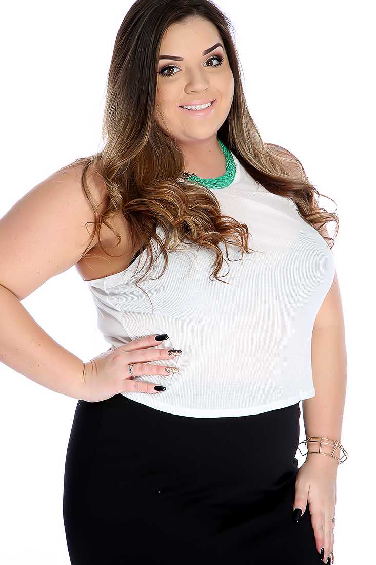 White Ribbed Sleeveless Racer Back Plus Size Crop Top
