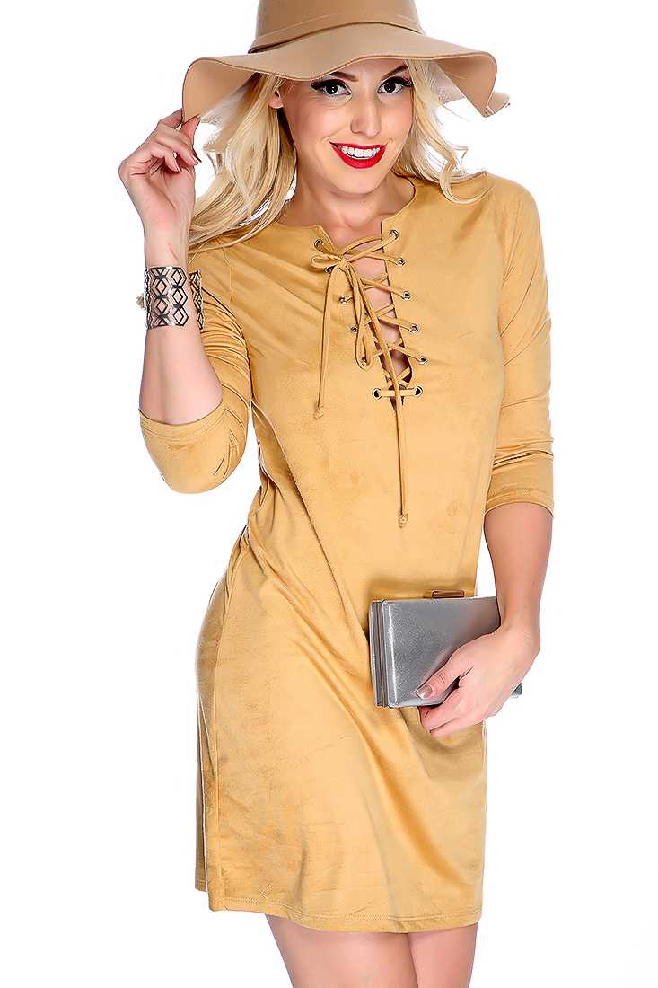 Sexy Camel Lace Up Tie Quarter Sleeves Party Dress