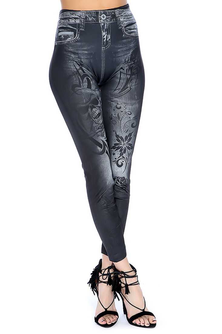 Black Denim Print Casual Leggings