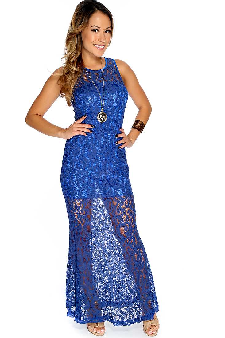Sexy Blue Embroidered Mesh Sleeveless Maxi Dress