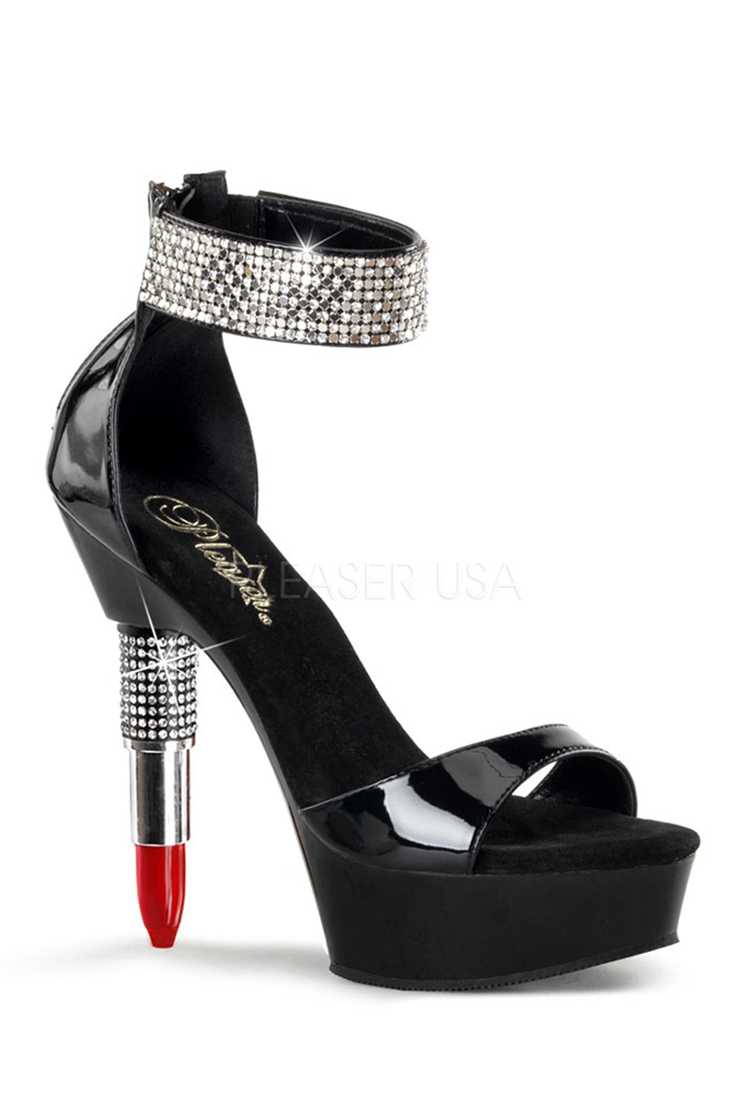 Black Rhinestone Embedded Lipstick Platform High Heels Patent