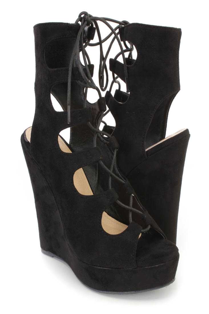 Black Lace Up Peep Toe Platform Wedges Faux Suede