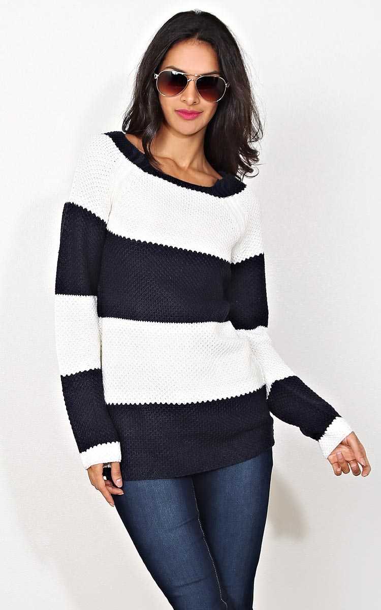 Elsie Striped Waffle Knit Sweater - XLGE - Navy Combo in Size X-Large by Styles For Less