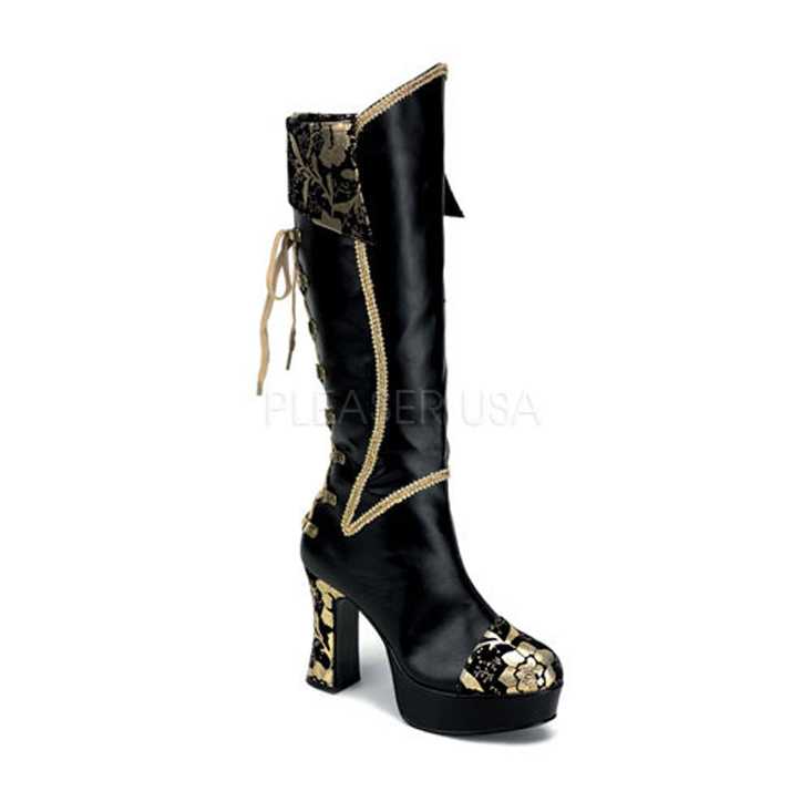 Black Gold Faux Leather Floral Lace Back Boots